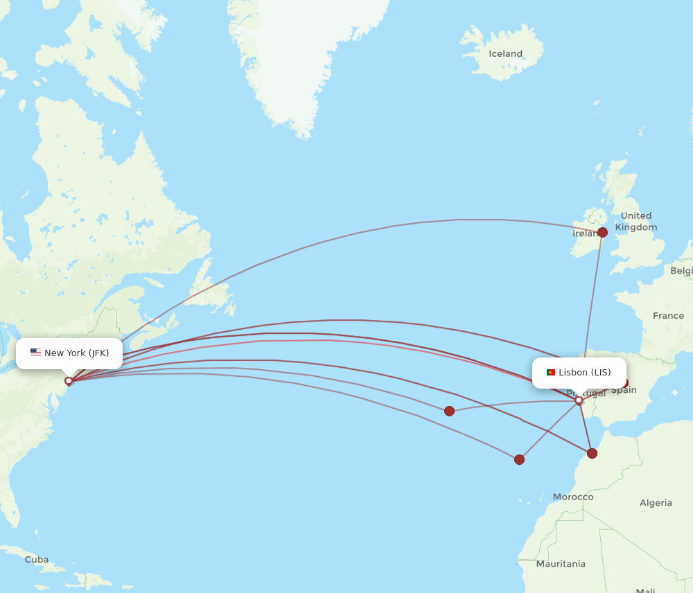 LIS to JFK flights and routes map