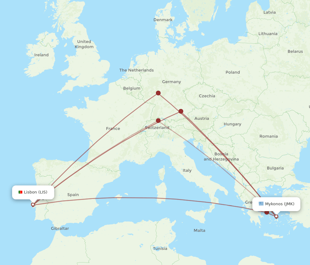 LIS to JMK flights and routes map