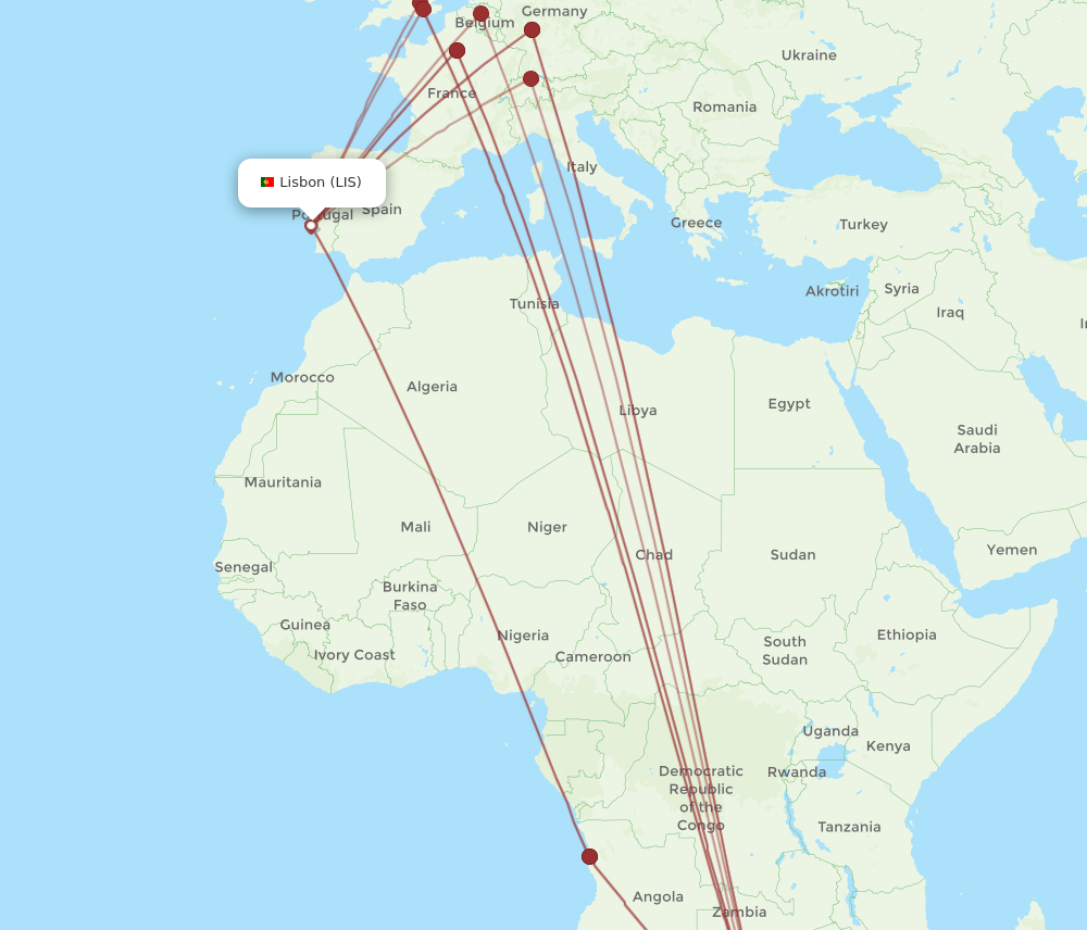 LIS to JNB flights and routes map