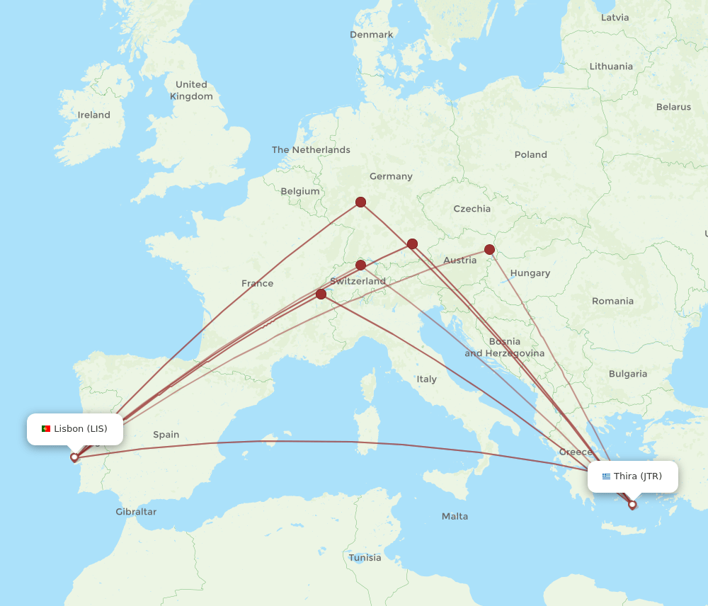 LIS to JTR flights and routes map