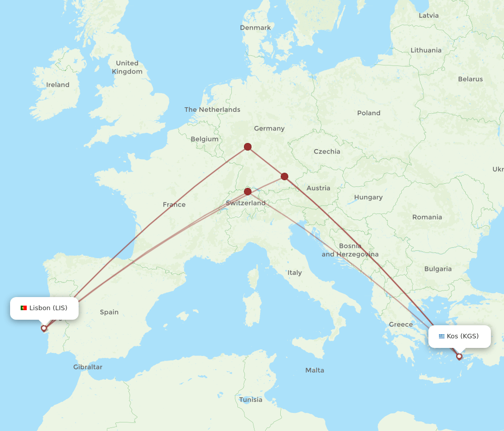 LIS-KGS flight routes