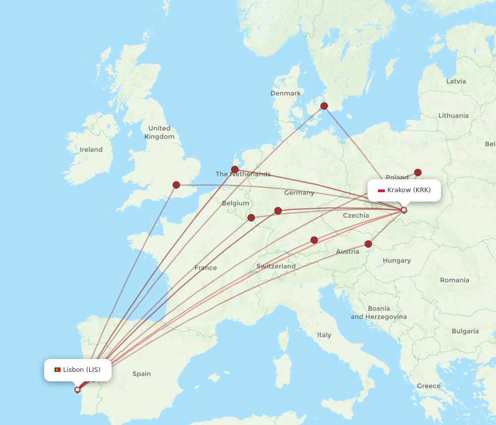 LIS-KRK flight routes