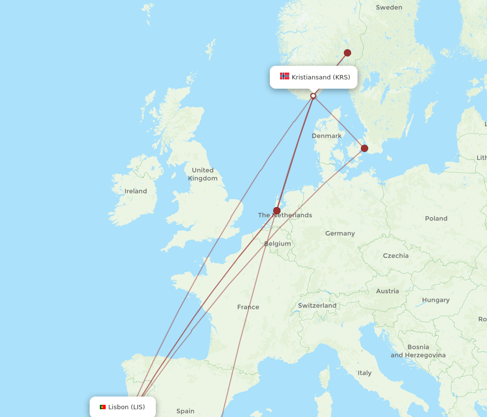 LIS to KRS flights and routes map