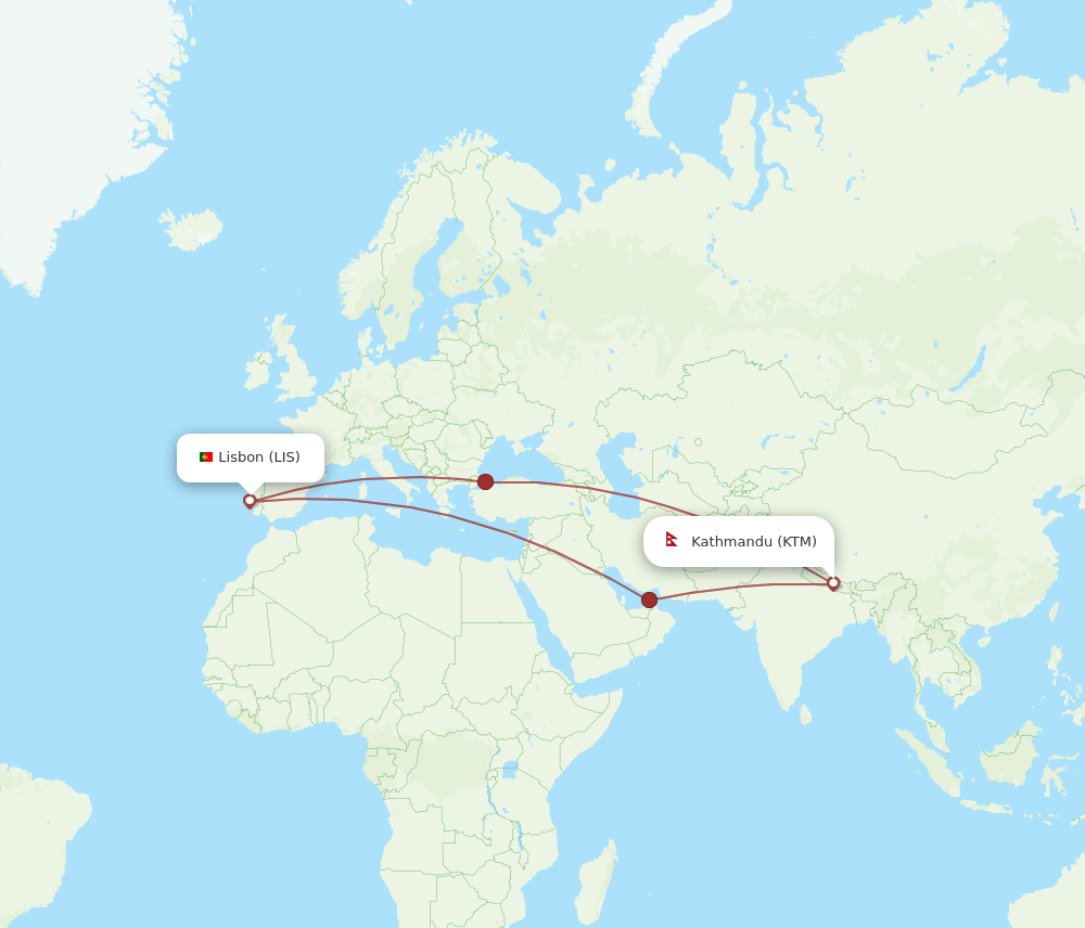 LIS-KTM flight routes