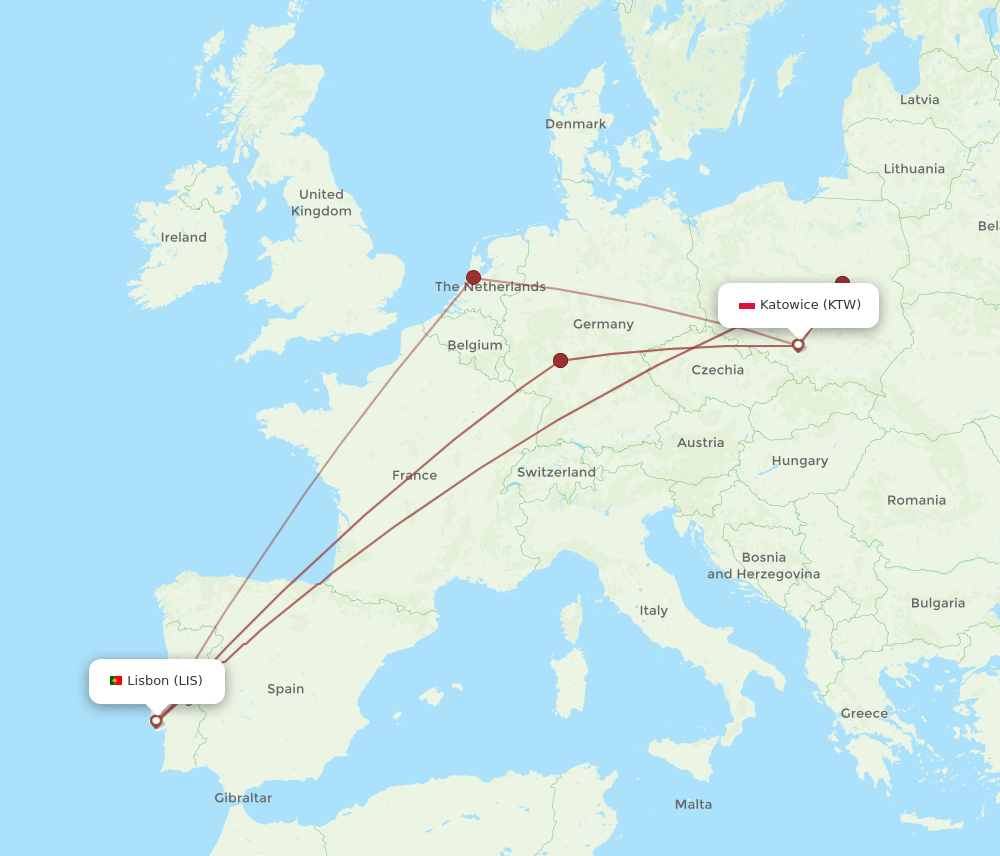 LIS-KTW flight routes