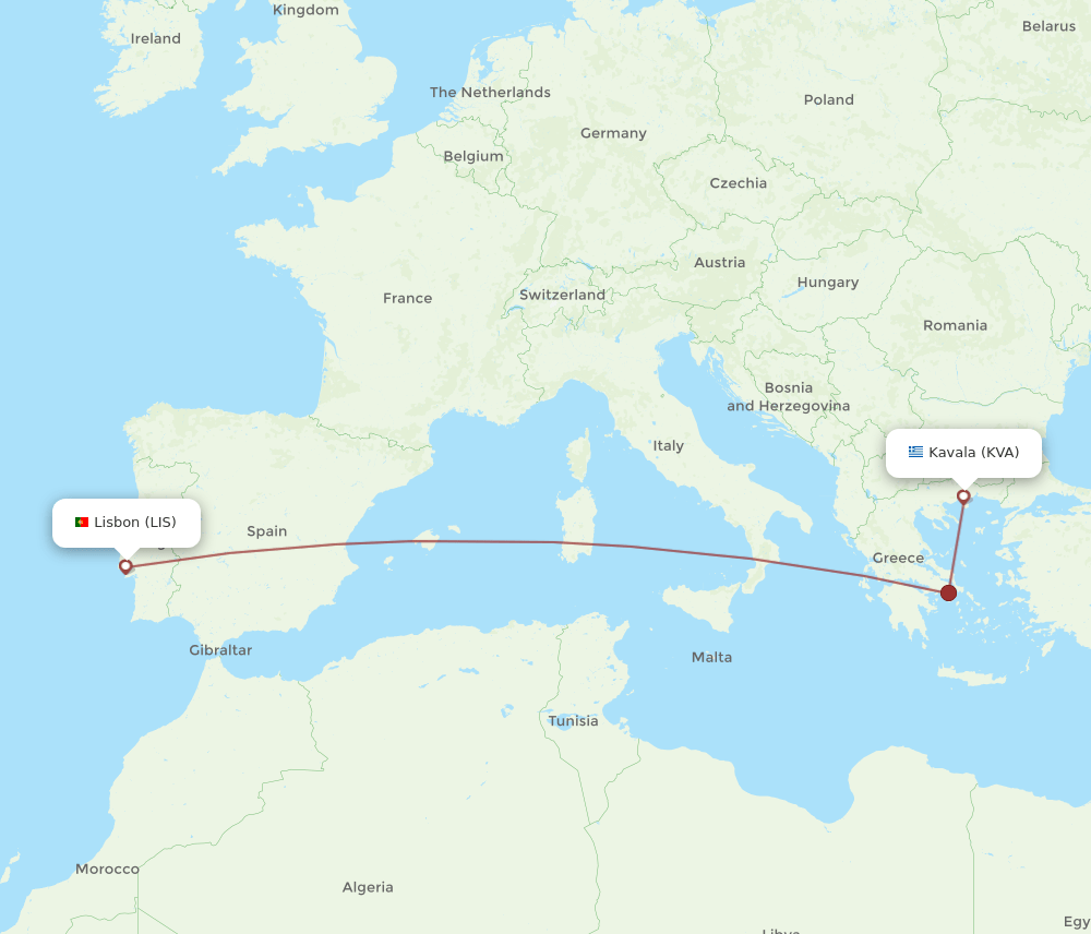 LIS to KVA flights and routes map