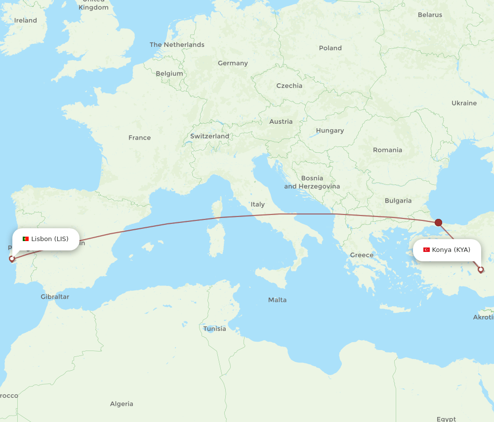 LIS to KYA flights and routes map