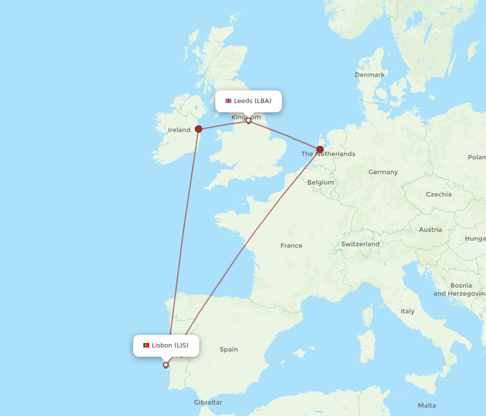 LIS to LBA flights and routes map