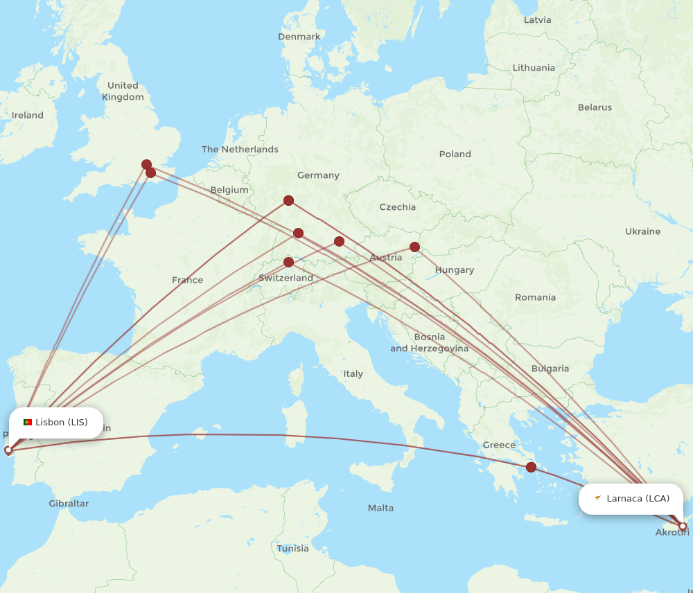 LIS-LCA flight routes