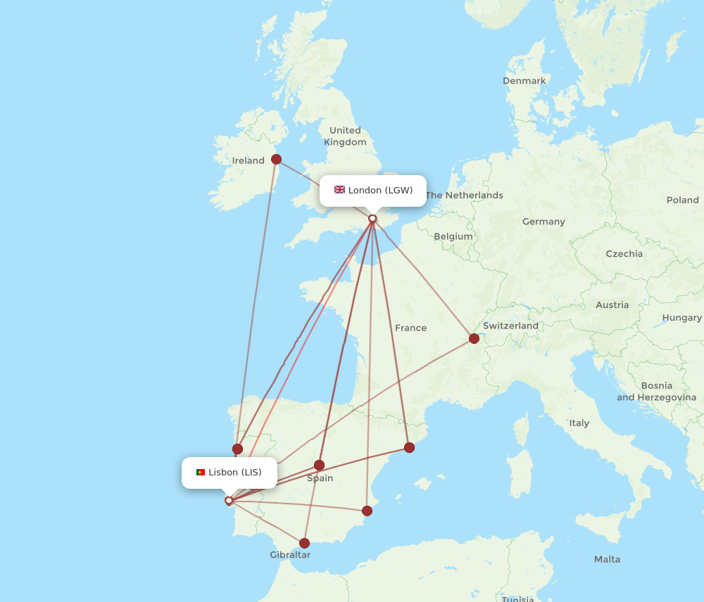 LIS to LGW flights and routes map