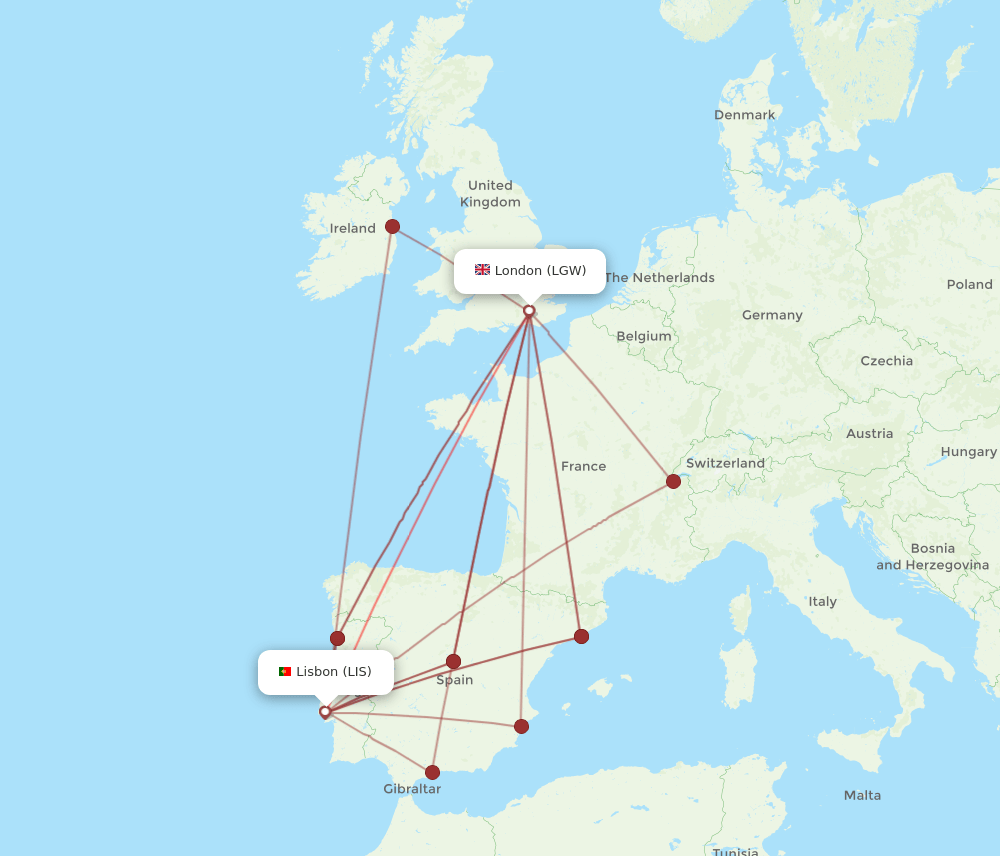LIS-LGW flight routes