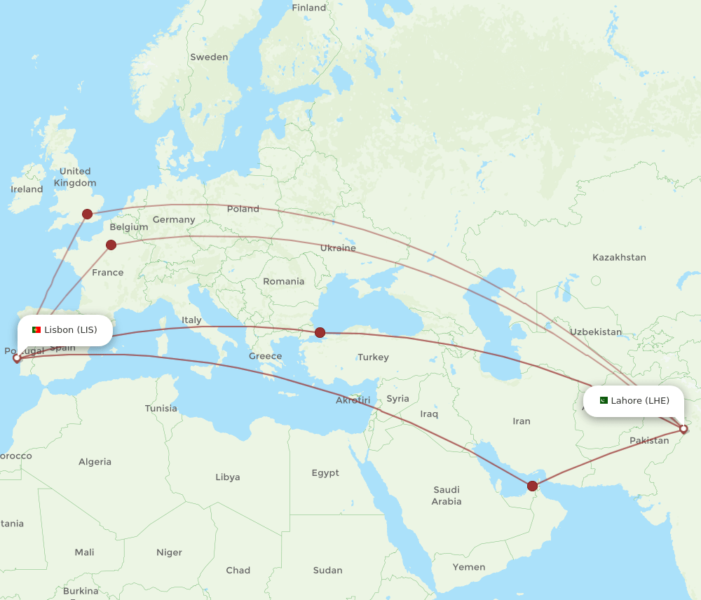 LIS to LHE flights and routes map