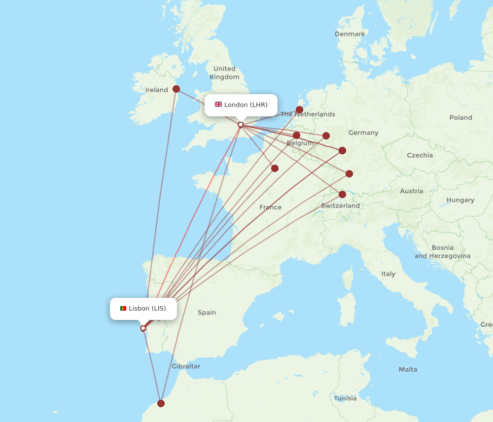 LIS to LHR flights and routes map