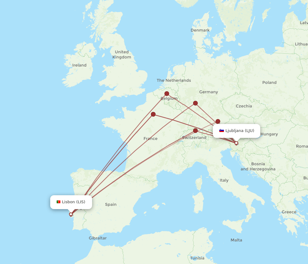 LIS to LJU flights and routes map