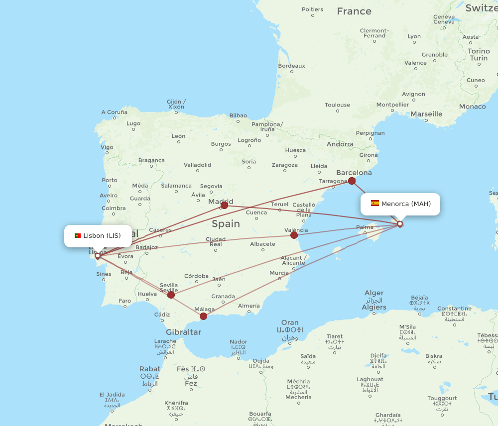 LIS to MAH flights and routes map