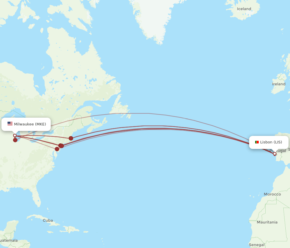 LIS to MKE flights and routes map