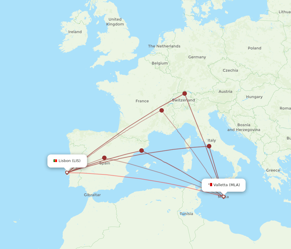 LIS-MLA flight routes