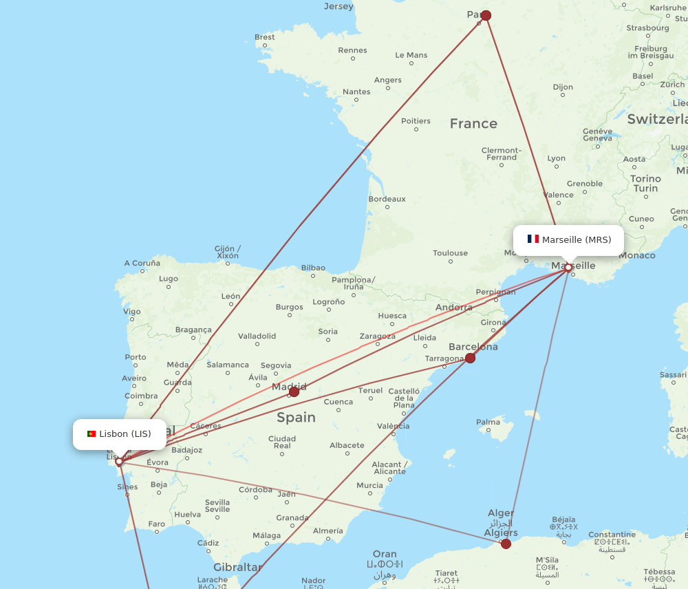 LIS to MRS flights and routes map