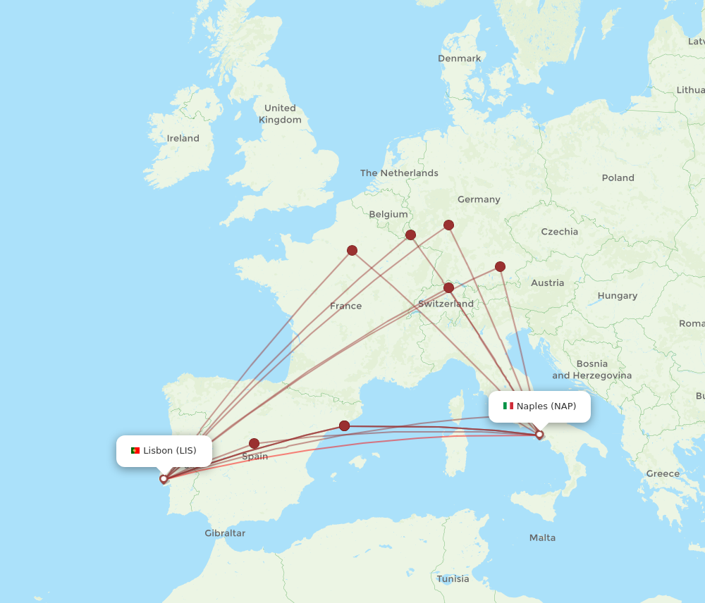 LIS to NAP flights and routes map