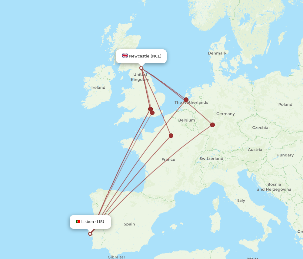LIS to NCL flights and routes map