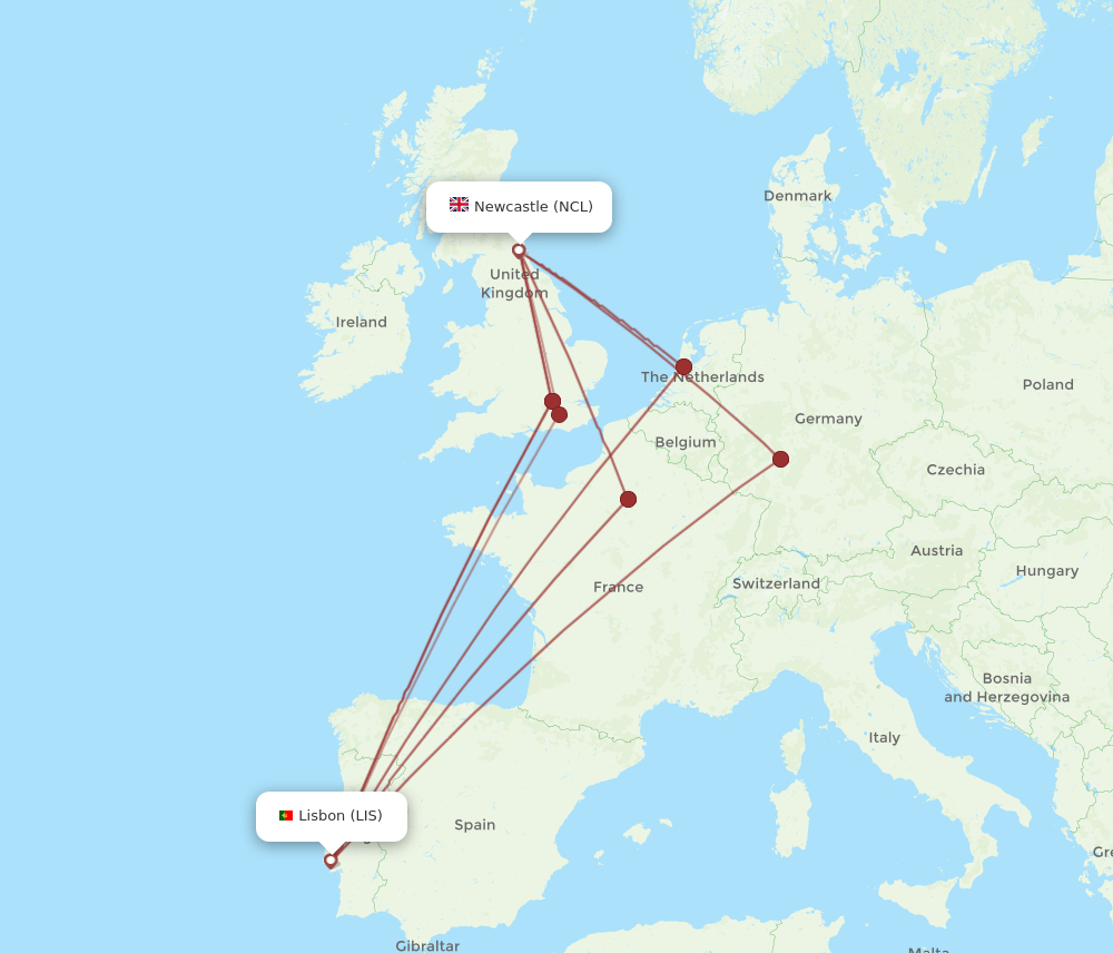 LIS-NCL flight routes