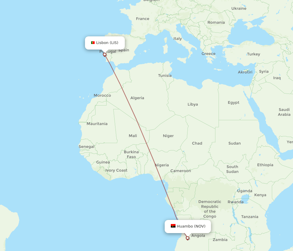 Lisbon - Huambo route map and flight paths