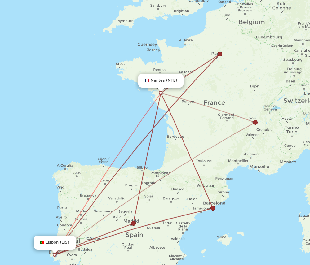LIS to NTE flights and routes map