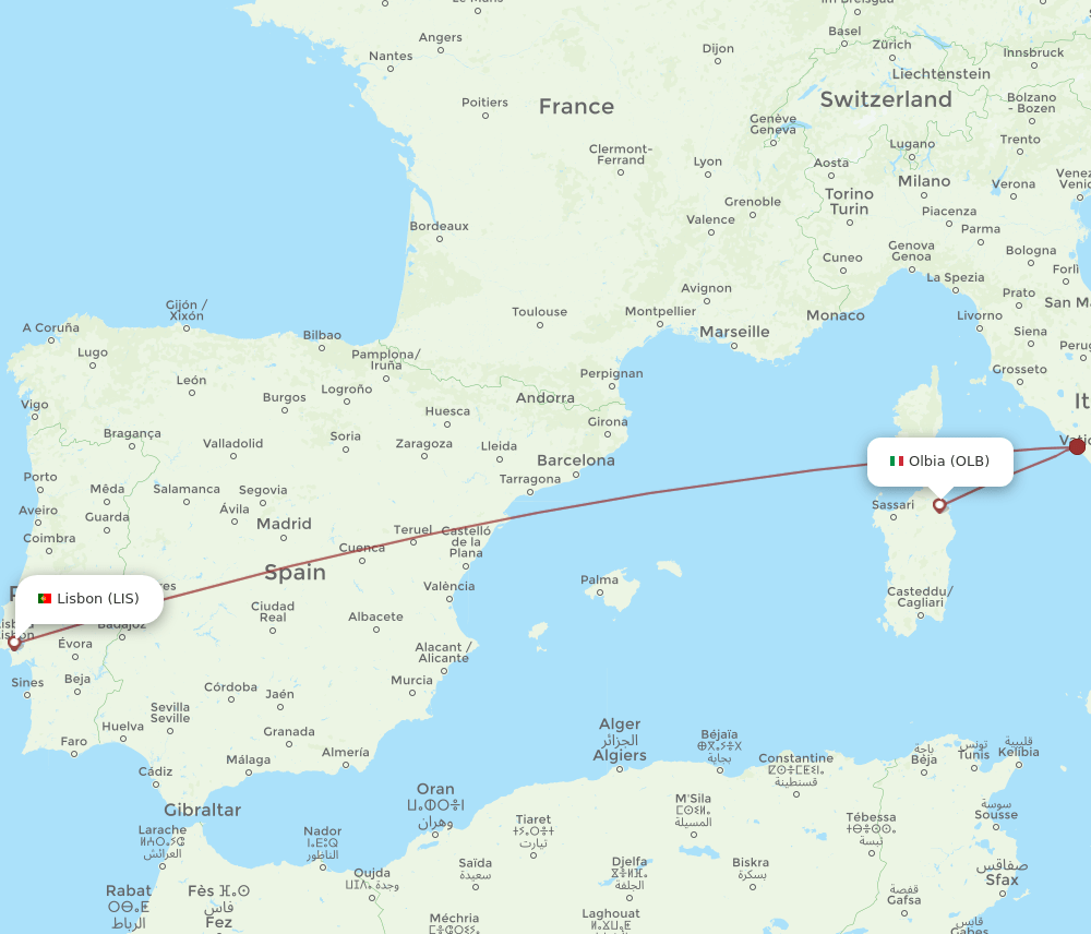 LIS-OLB flight routes