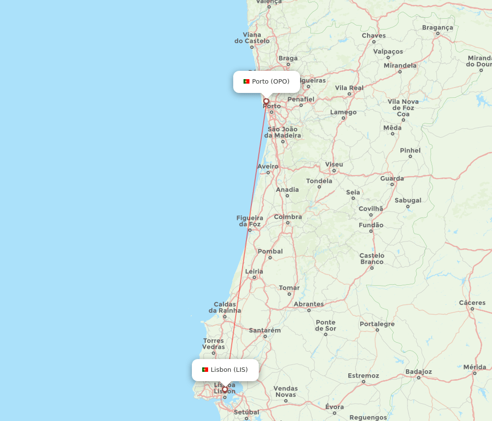 Lisbon - Porto route map and flight paths