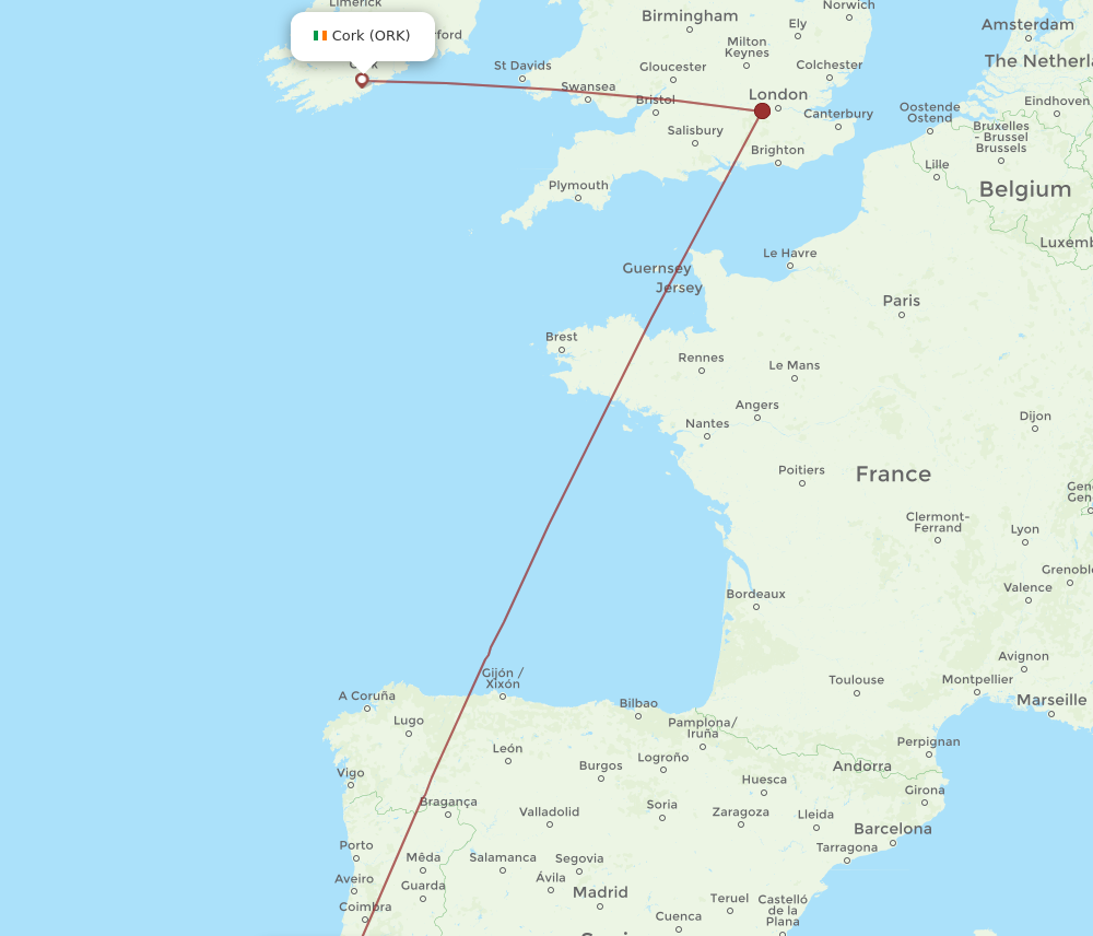 LIS to ORK flights and routes map