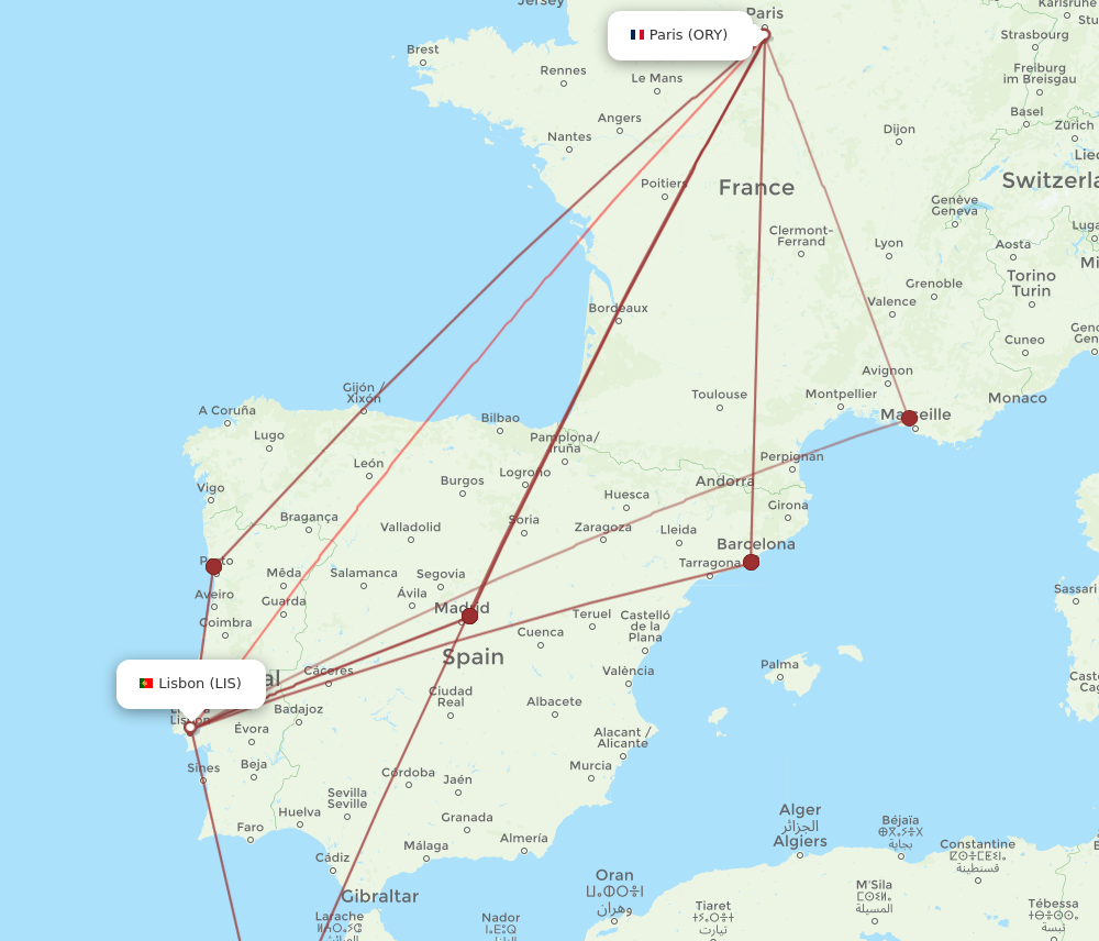 LIS to ORY flights and routes map