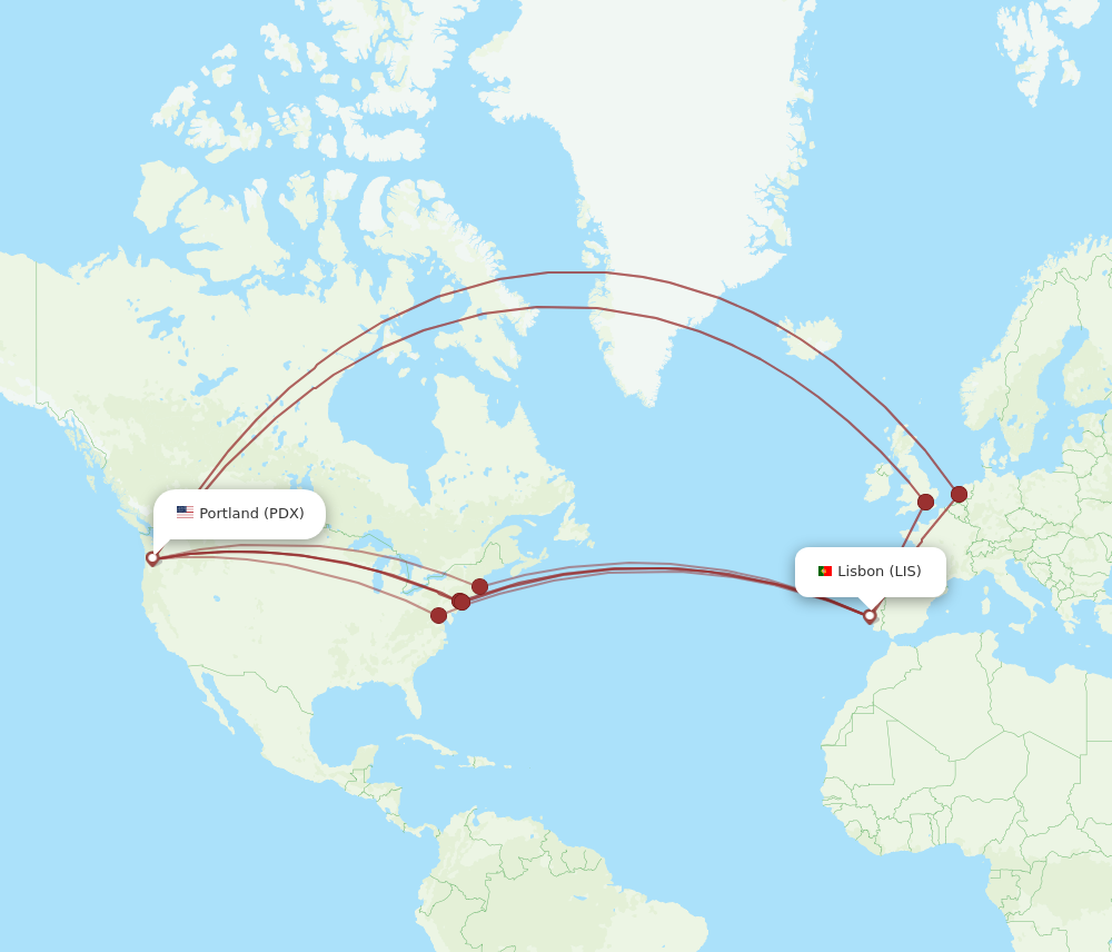 LIS to PDX flights and routes map