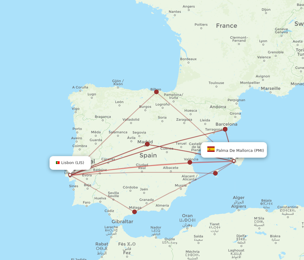 LIS to PMI flights and routes map