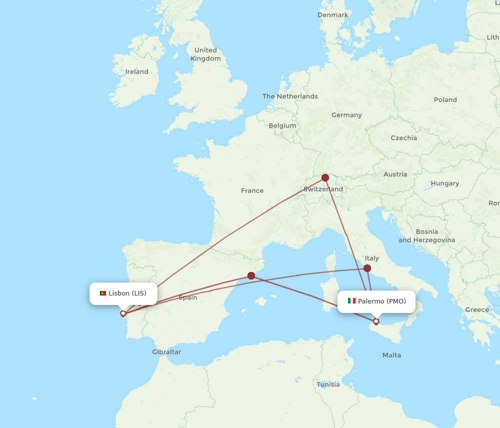 LIS to PMO flights and routes map