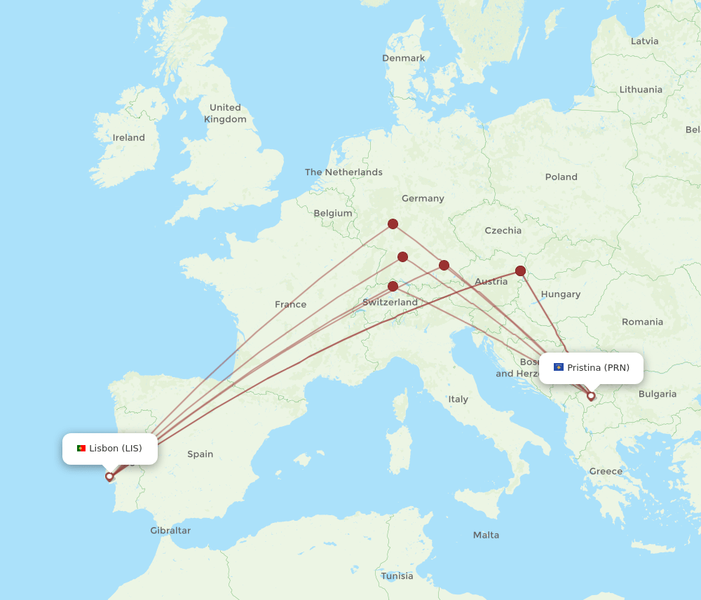 LIS to PRN flights and routes map