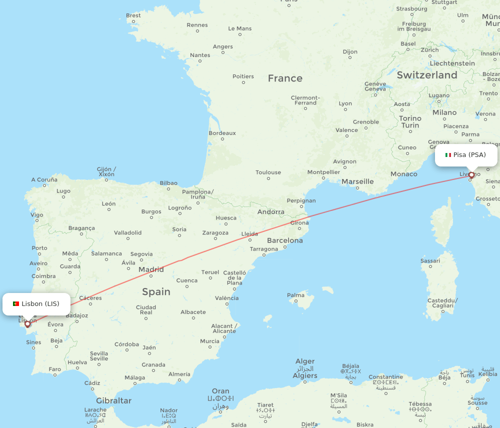 Pisa - Lisbon route map and flight paths