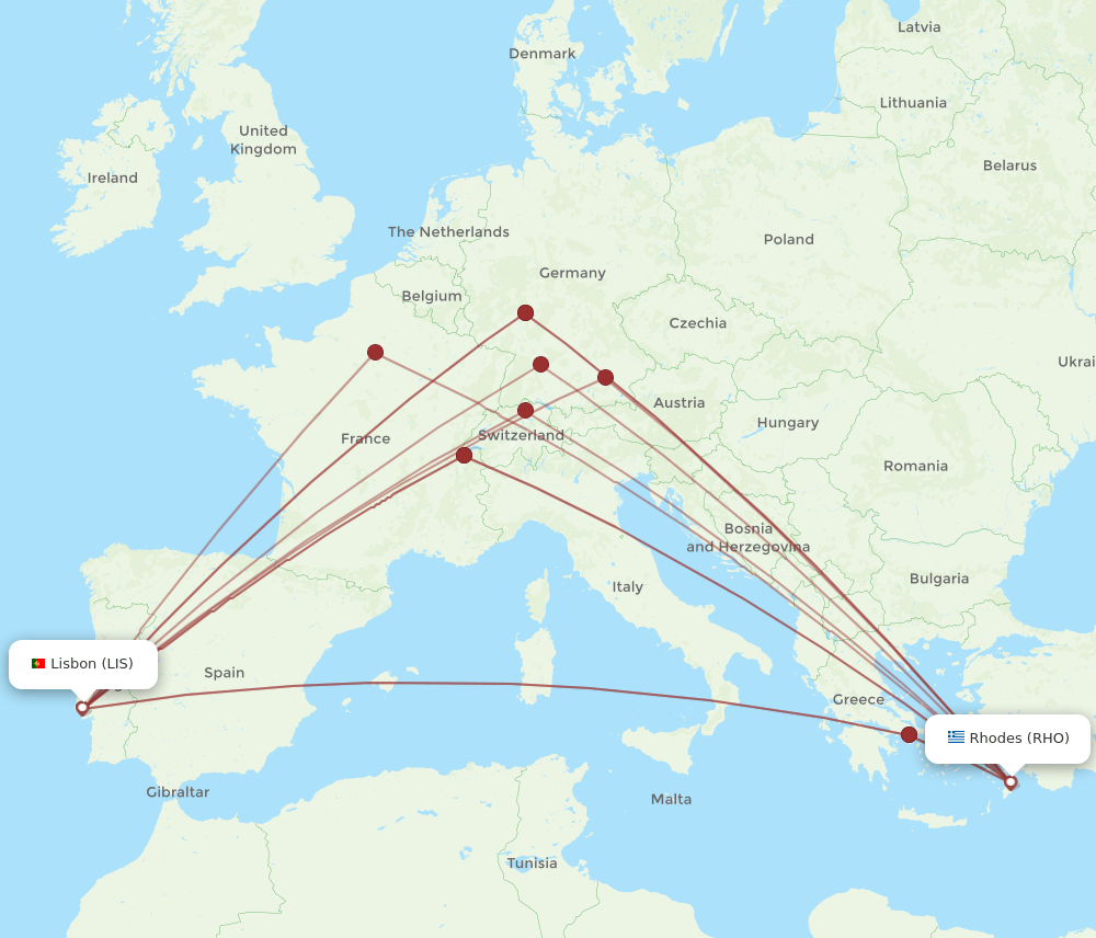 LIS to RHO flights and routes map
