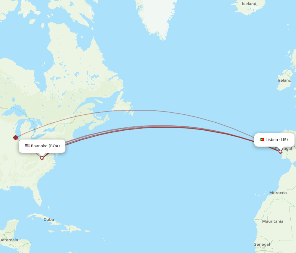 LIS to ROA flights and routes map