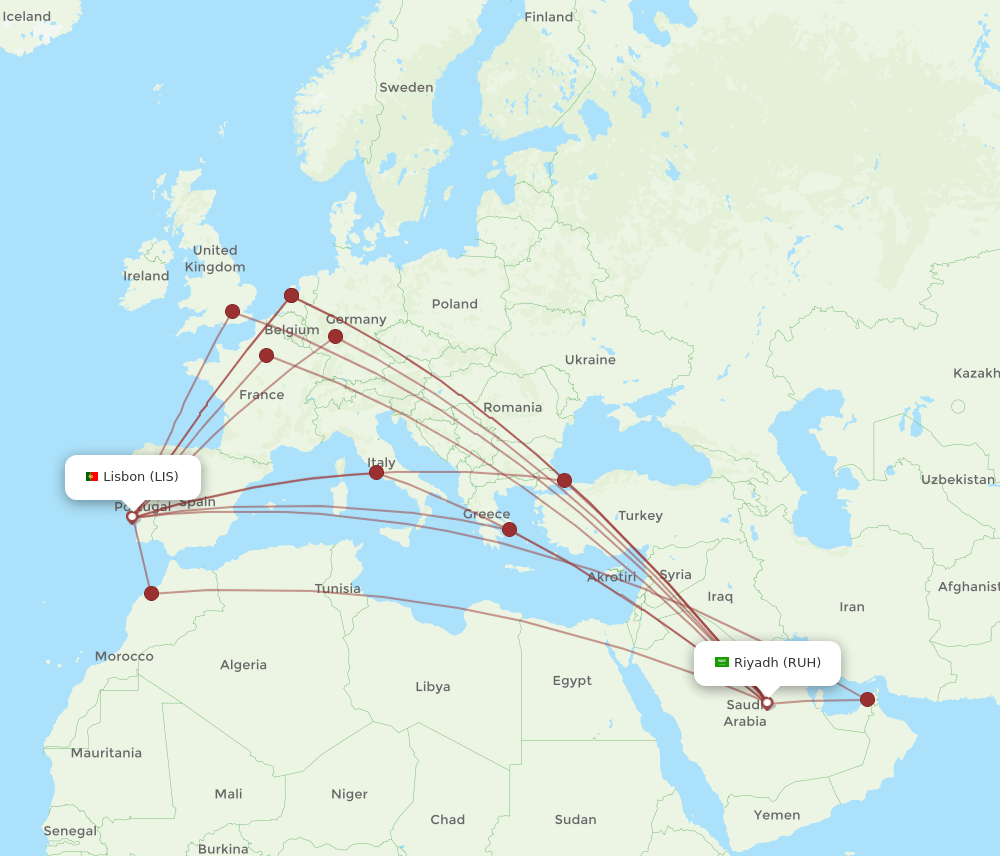 LIS-RUH flight routes