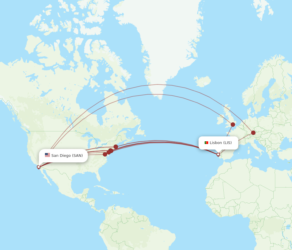 LIS to SAN flights and routes map