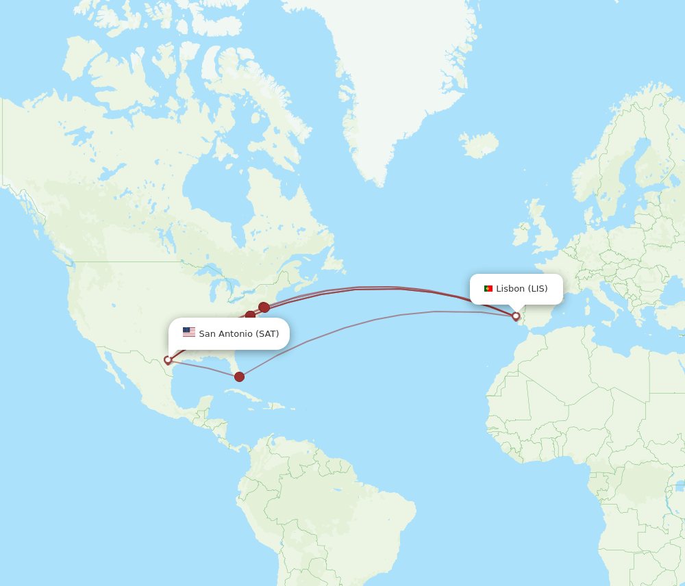 LIS to SAT flights and routes map