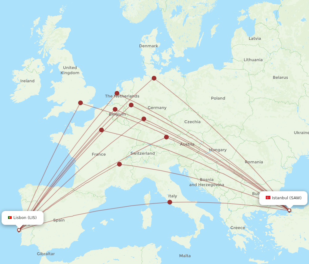 LIS to SAW flights and routes map