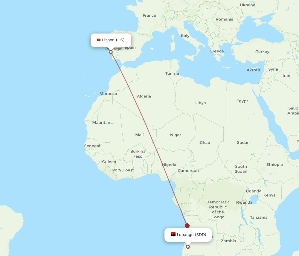Lisbon - Lubango route map and flight paths