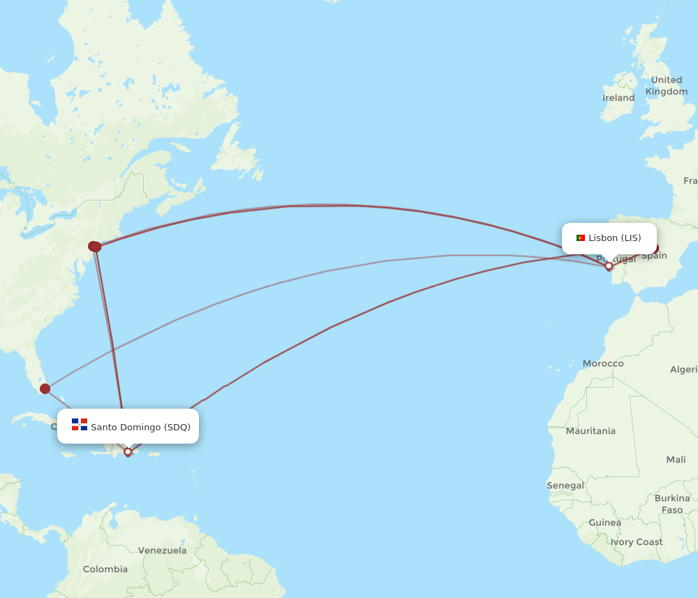 LIS to SDQ flights and routes map