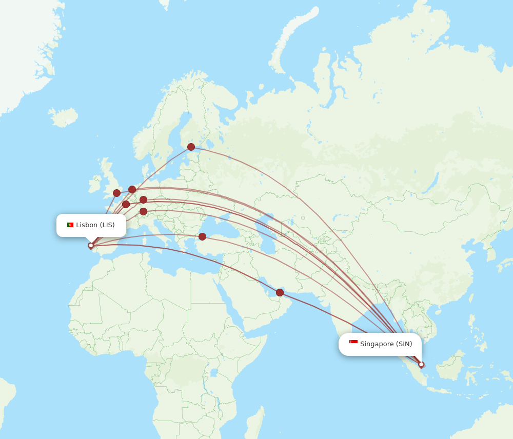 LIS to SIN flights and routes map