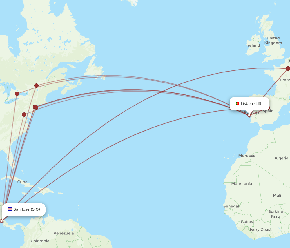 LIS-SJO flight routes