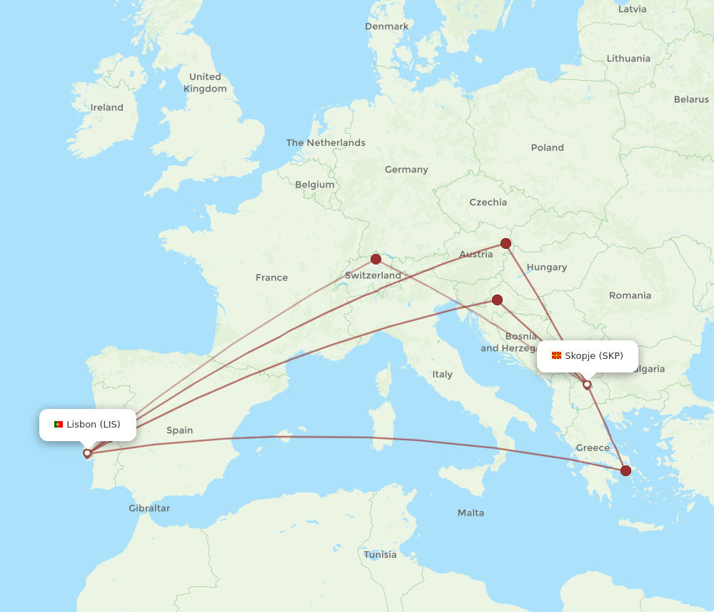 LIS-SKP flight routes