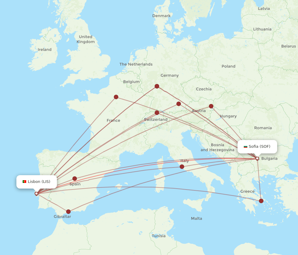 LIS to SOF flights and routes map
