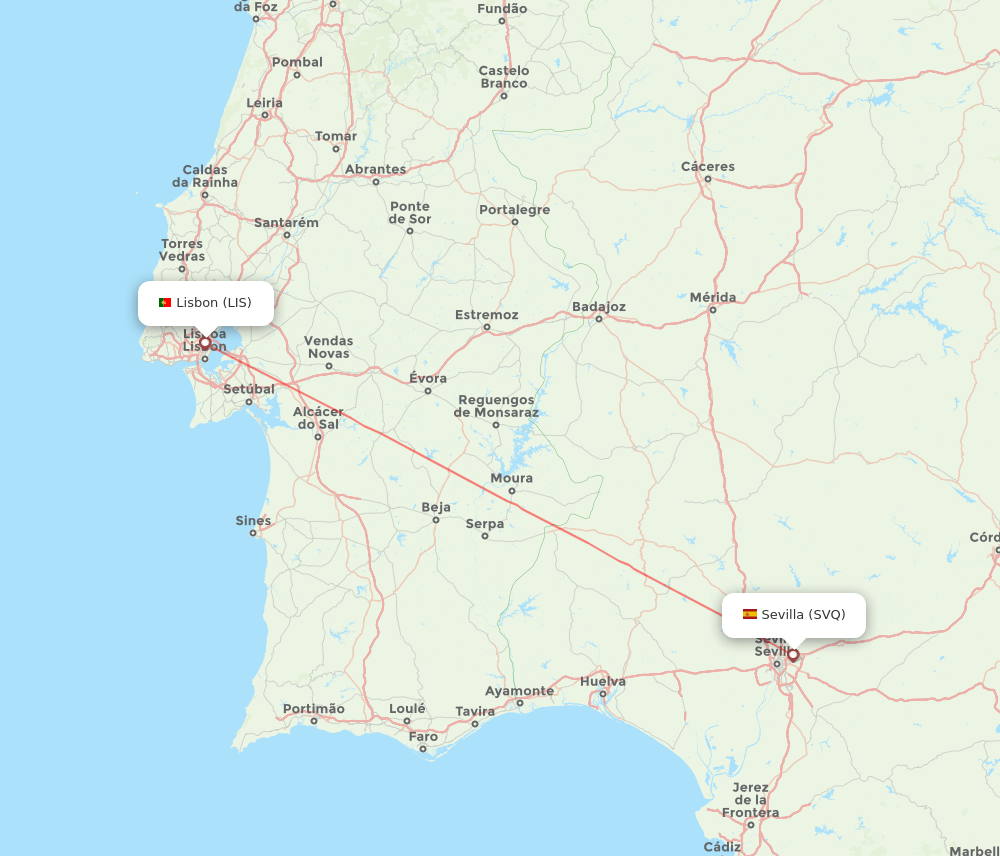 Lisbon - Sevilla route map and flight paths