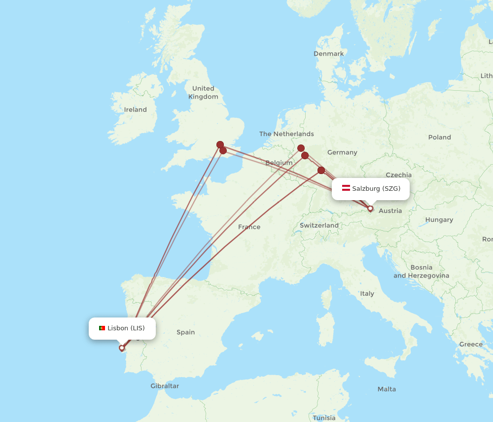 LIS to SZG flights and routes map